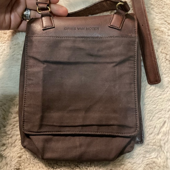 Dries Van Noten Crossbody Small Bag Leather Brown Canvas Brass Inside Hook - Picture 4 of 12